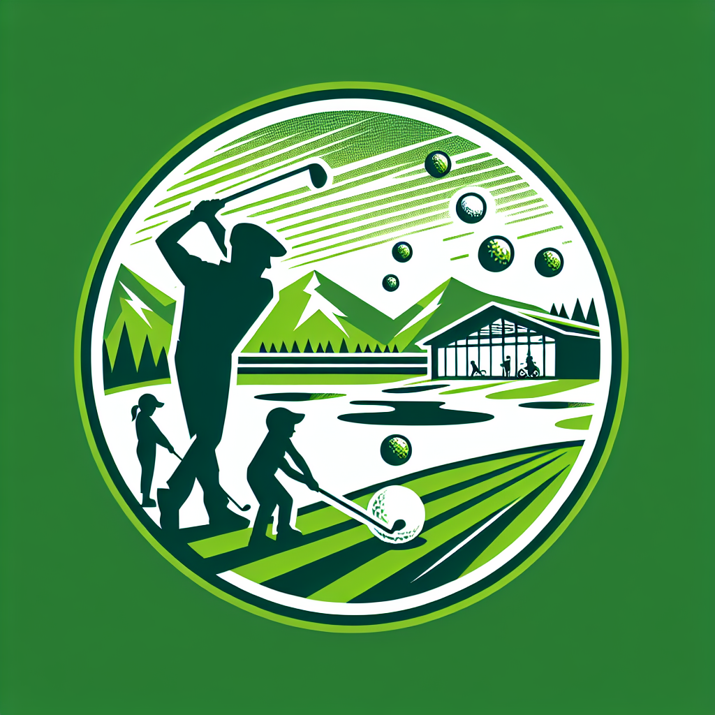 A logo for [Raritan Ridge Indoor Golf], spell this correctly and keep everything else the same for an indoor golf facility for all ages, capturing the essence and spirit of golfing and the indoor experience with a virtual modern and sporty aesthetic that reflects the excitement of the game [with vibrant green colors ; and dynamic lines] [that evokes a sense of energy and movement]. show a family hitting golf balls,